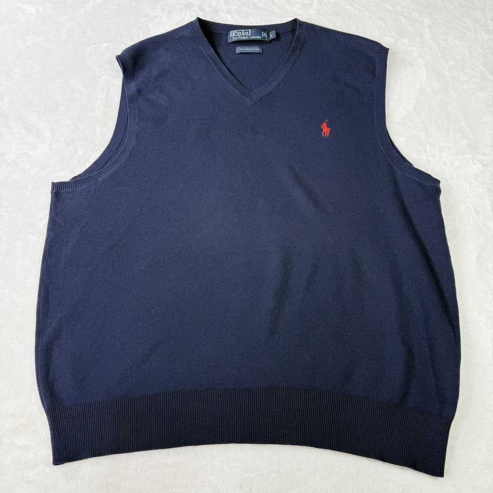 Vintage Polo Ralph Lauren Sweater Vest Men's Large Blue V Neck‎ 100% Cotton